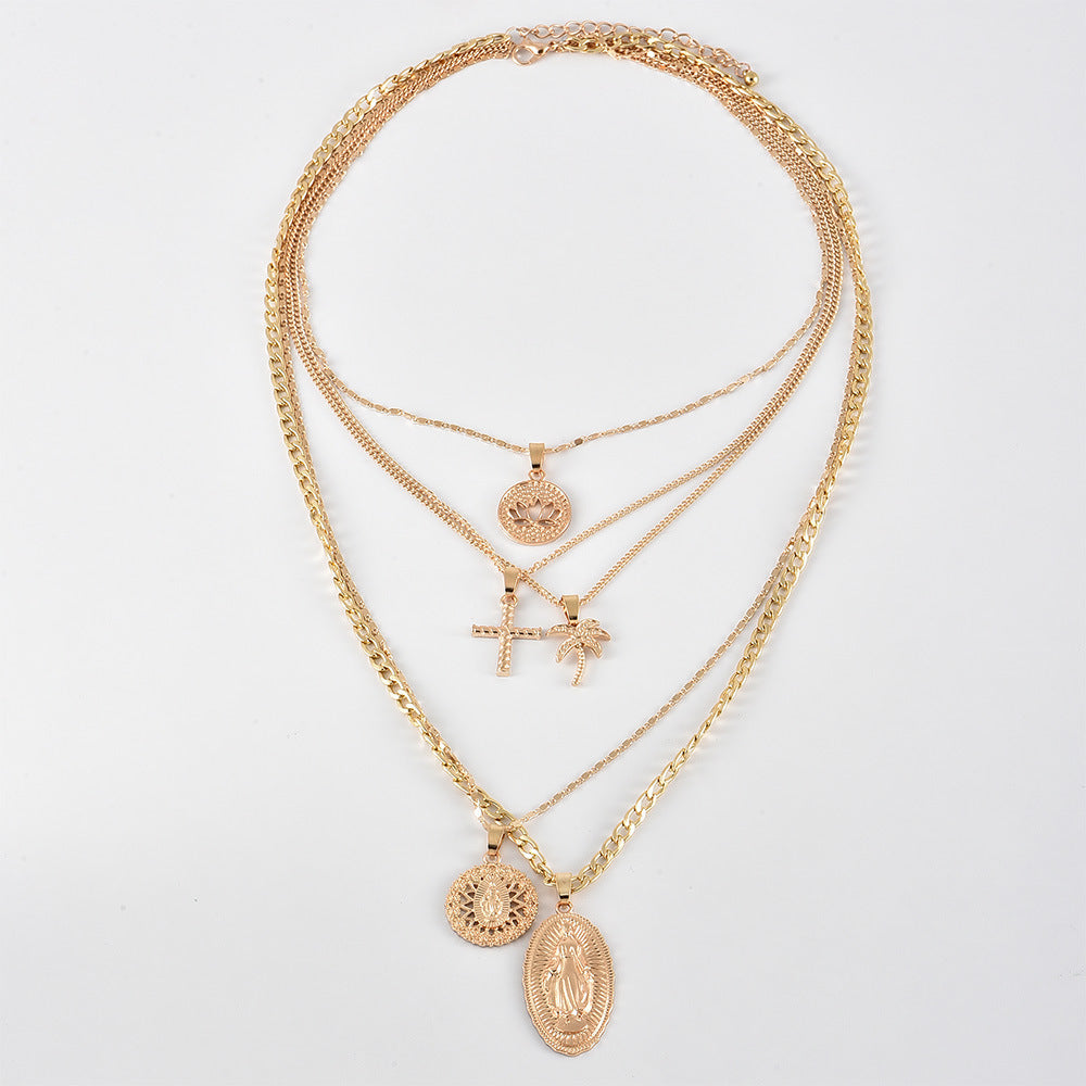 #LUNA-77 Chic Street Style Necklace: Fashionable INS Pendant with Sculpted Portrait, Cross, and Palm Tree Design - Unique Accessories