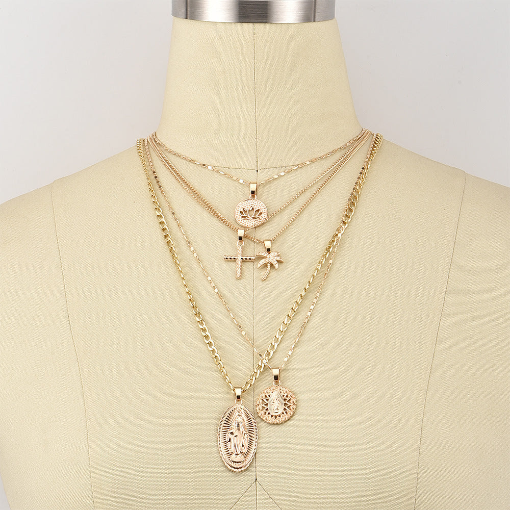 #LUNA-77 Chic Street Style Necklace: Fashionable INS Pendant with Sculpted Portrait, Cross, and Palm Tree Design - Unique Accessories