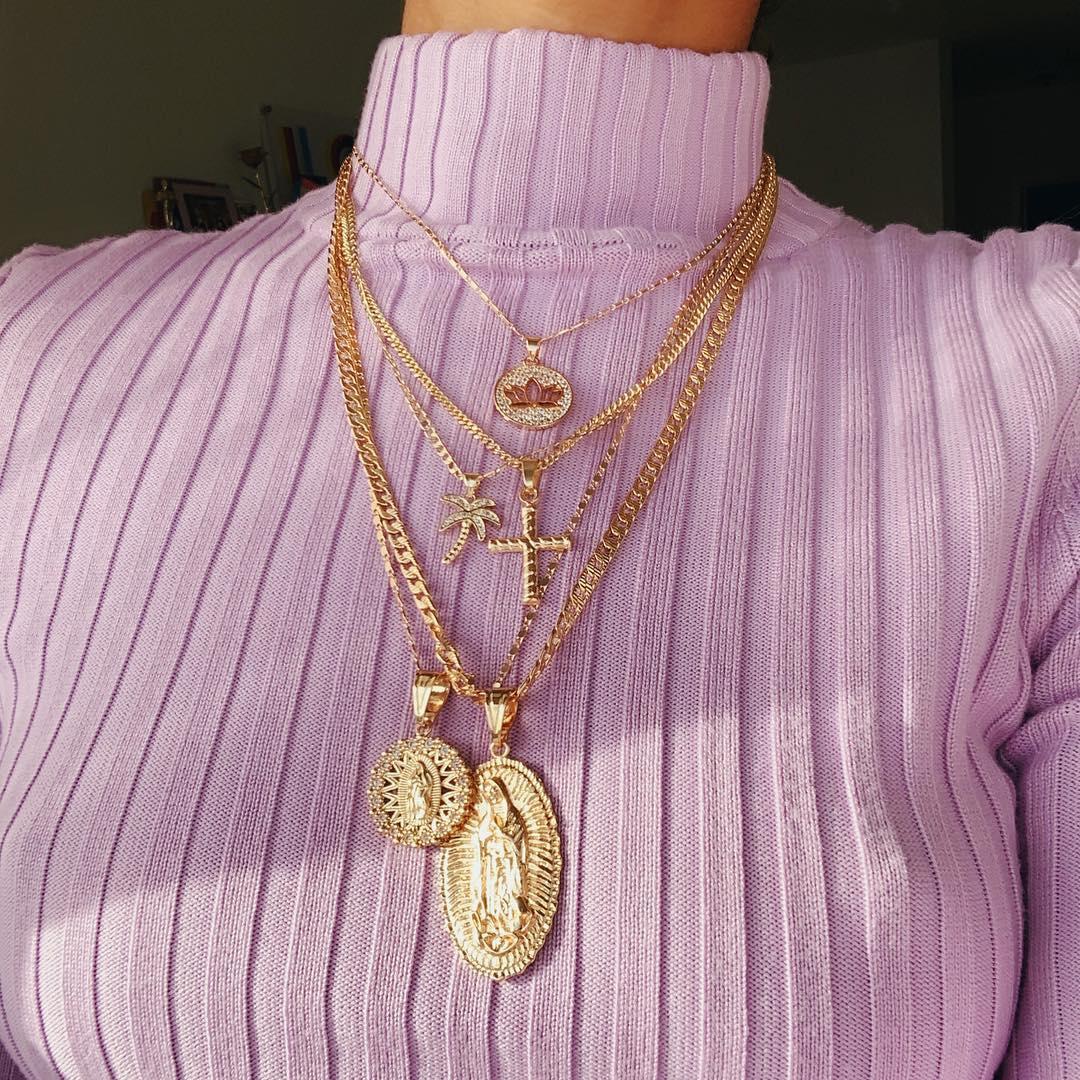 #LUNA-77 Chic Street Style Necklace: Fashionable INS Pendant with Sculpted Portrait, Cross, and Palm Tree Design - Unique Accessories