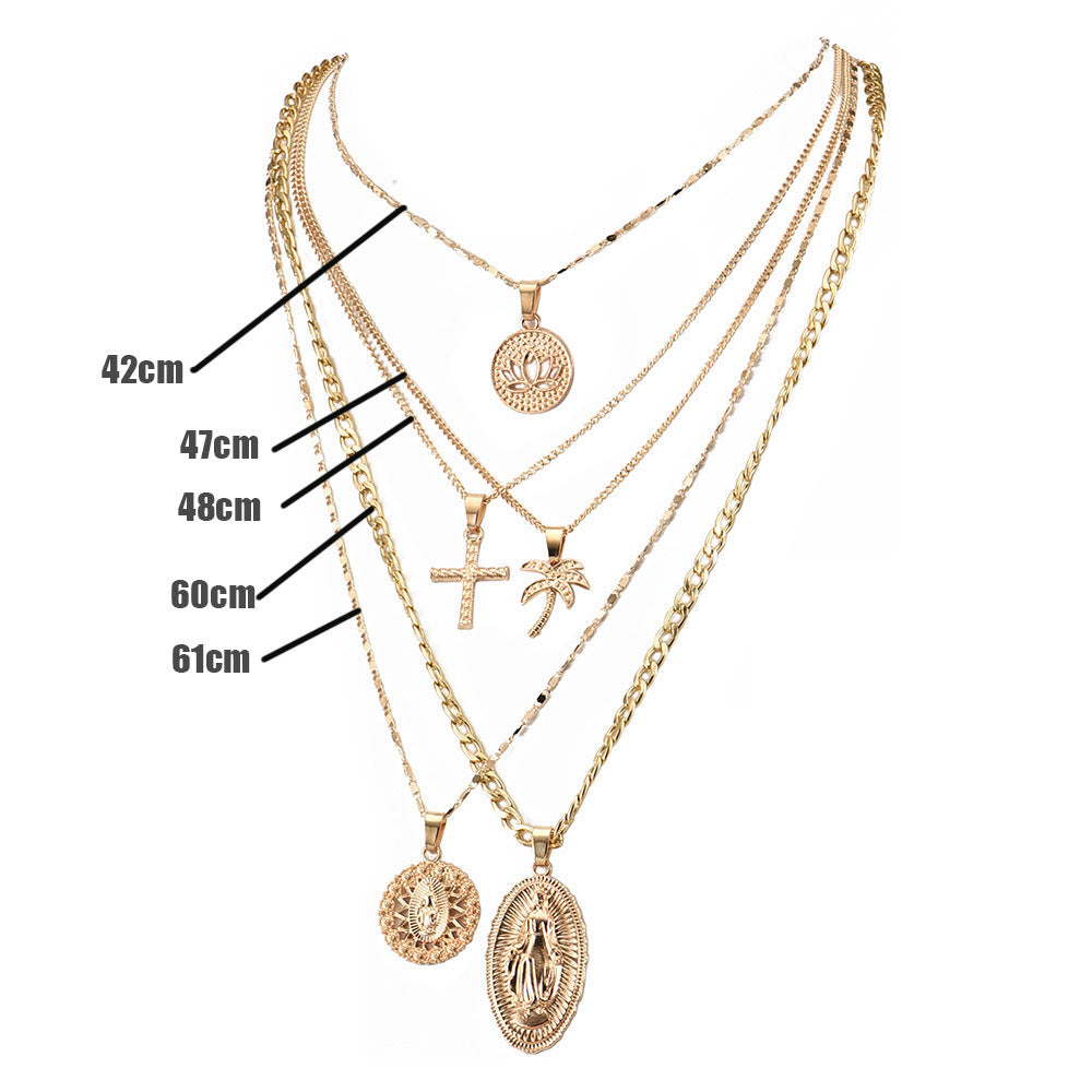 #LUNA-77 Chic Street Style Necklace: Fashionable INS Pendant with Sculpted Portrait, Cross, and Palm Tree Design - Unique Accessories