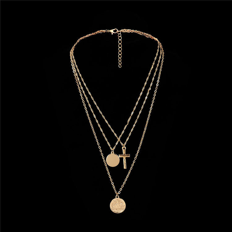#LUNA00-Trendy Geometric Disc and Cross Necklace Set - Fashionable Accessory Collection