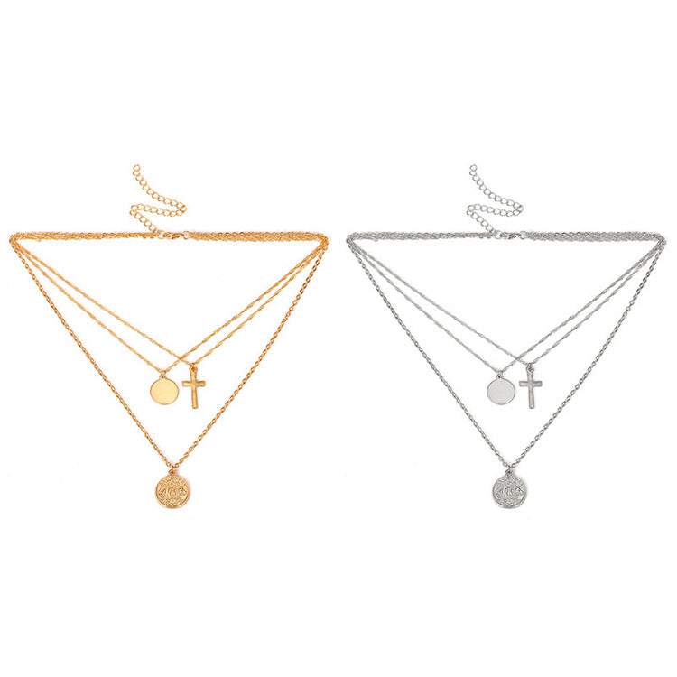 #LUNA00-Trendy Geometric Disc and Cross Necklace Set - Fashionable Accessory Collection