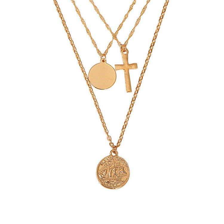 #LUNA00-Trendy Geometric Disc and Cross Necklace Set - Fashionable Accessory Collection