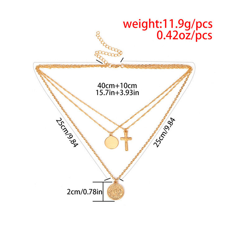 #LUNA00-Trendy Geometric Disc and Cross Necklace Set - Fashionable Accessory Collection