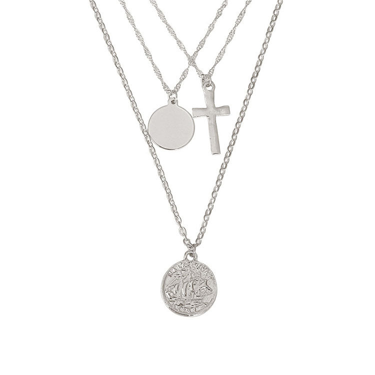 #LUNA00-Trendy Geometric Disc and Cross Necklace Set - Fashionable Accessory Collection