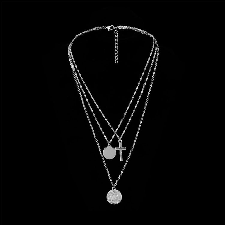 #LUNA00-Trendy Geometric Disc and Cross Necklace Set - Fashionable Accessory Collection