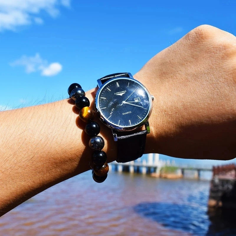 #LUNA-22 Handcrafted Tiger Eye Beaded Bracelet for Men - Natural Black Onyx Stone, High-Quality Artisan Jewelry, Stylish and Durable