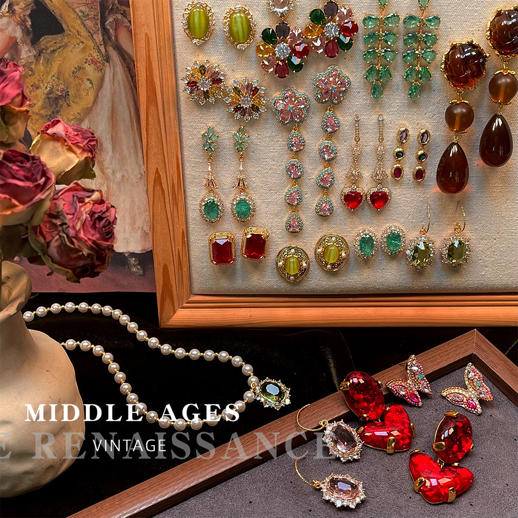 #LUNA-01 Vintage Chunky Colorful Zirconia Earrings: Exaggerated Retro Western-Style Studs for a Luxe Palace Aesthetic