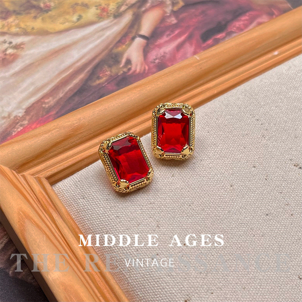 #LUNA-01 Vintage Chunky Colorful Zirconia Earrings: Exaggerated Retro Western-Style Studs for a Luxe Palace Aesthetic