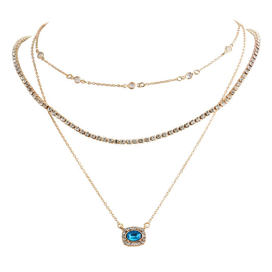 #LUNA-01 Fashionable Vintage Multi-Layer Necklace: Luxurious Sapphire Blue Rhinestones Shining Women's Trendy Accessory