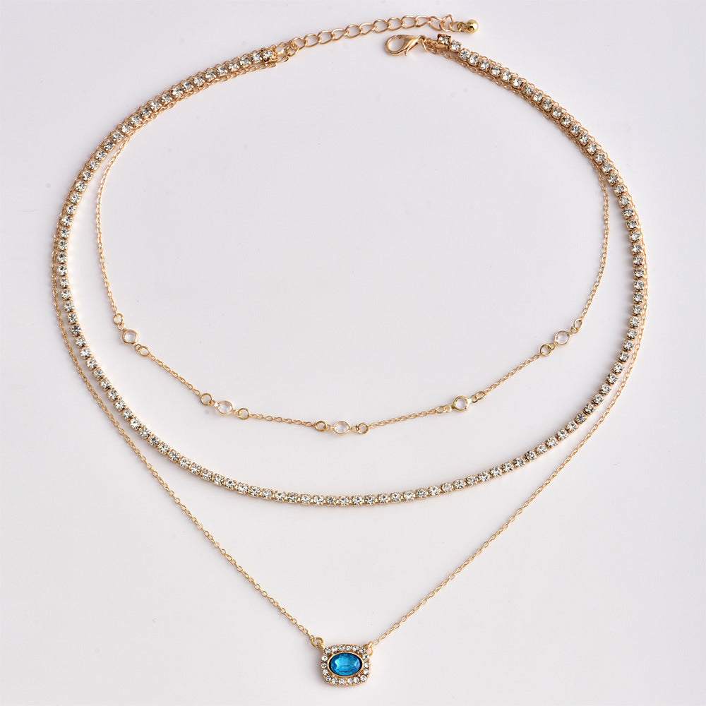 #LUNA-01 Fashionable Vintage Multi-Layer Necklace: Luxurious Sapphire Blue Rhinestones Shining Women's Trendy Accessory