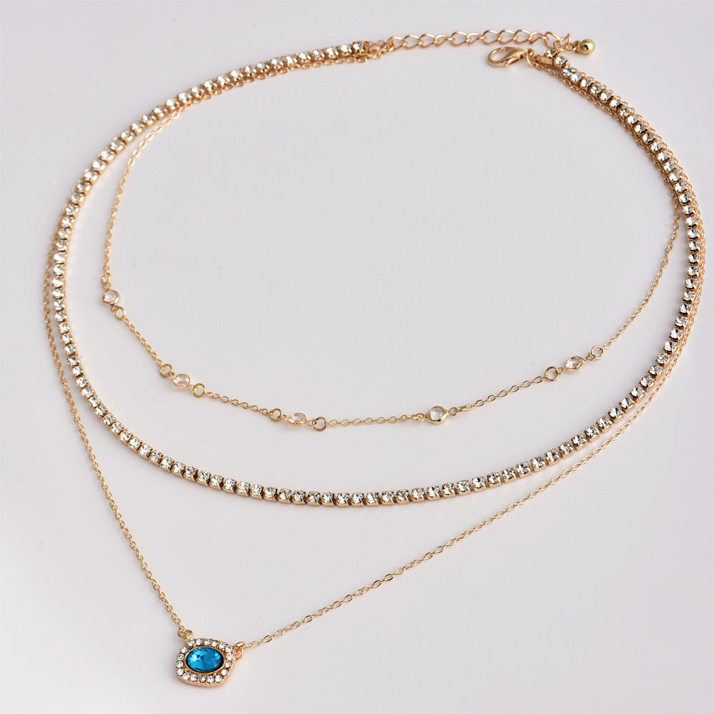 #LUNA-01 Fashionable Vintage Multi-Layer Necklace: Luxurious Sapphire Blue Rhinestones Shining Women's Trendy Accessory