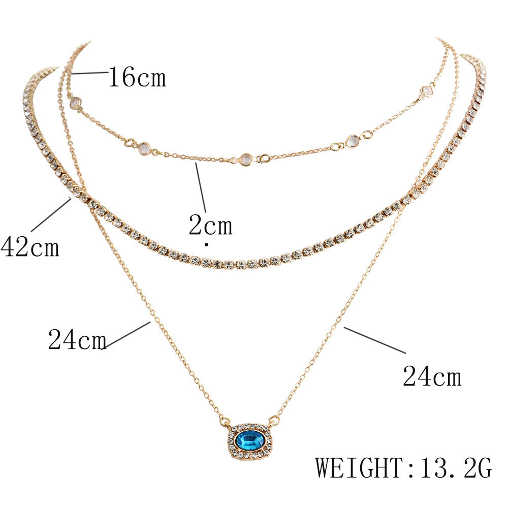 #LUNA-01 Fashionable Vintage Multi-Layer Necklace: Luxurious Sapphire Blue Rhinestones Shining Women's Trendy Accessory