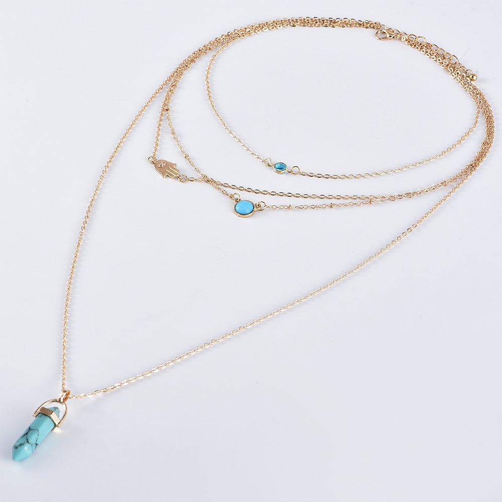 #LUNA-55 Elegant Multi-Layer Women's Eye Natural Turquoise Necklace with Crystal Pillar Pendant - Affordable Luxury Fashion Jewelry