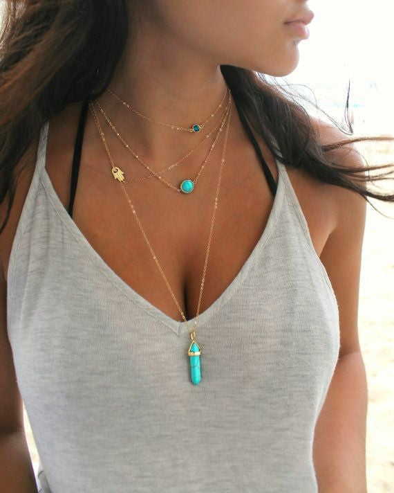 #LUNA-55 Elegant Multi-Layer Women's Eye Natural Turquoise Necklace with Crystal Pillar Pendant - Affordable Luxury Fashion Jewelry