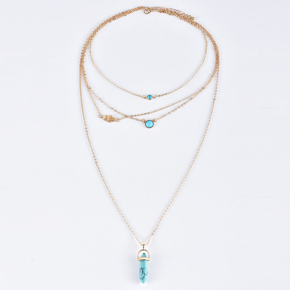 #LUNA-55 Elegant Multi-Layer Women's Eye Natural Turquoise Necklace with Crystal Pillar Pendant - Affordable Luxury Fashion Jewelry