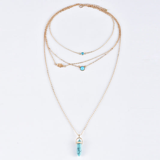 #LUNA-55 Elegant Multi-Layer Women's Eye Natural Turquoise Necklace with Crystal Pillar Pendant - Affordable Luxury Fashion Jewelry