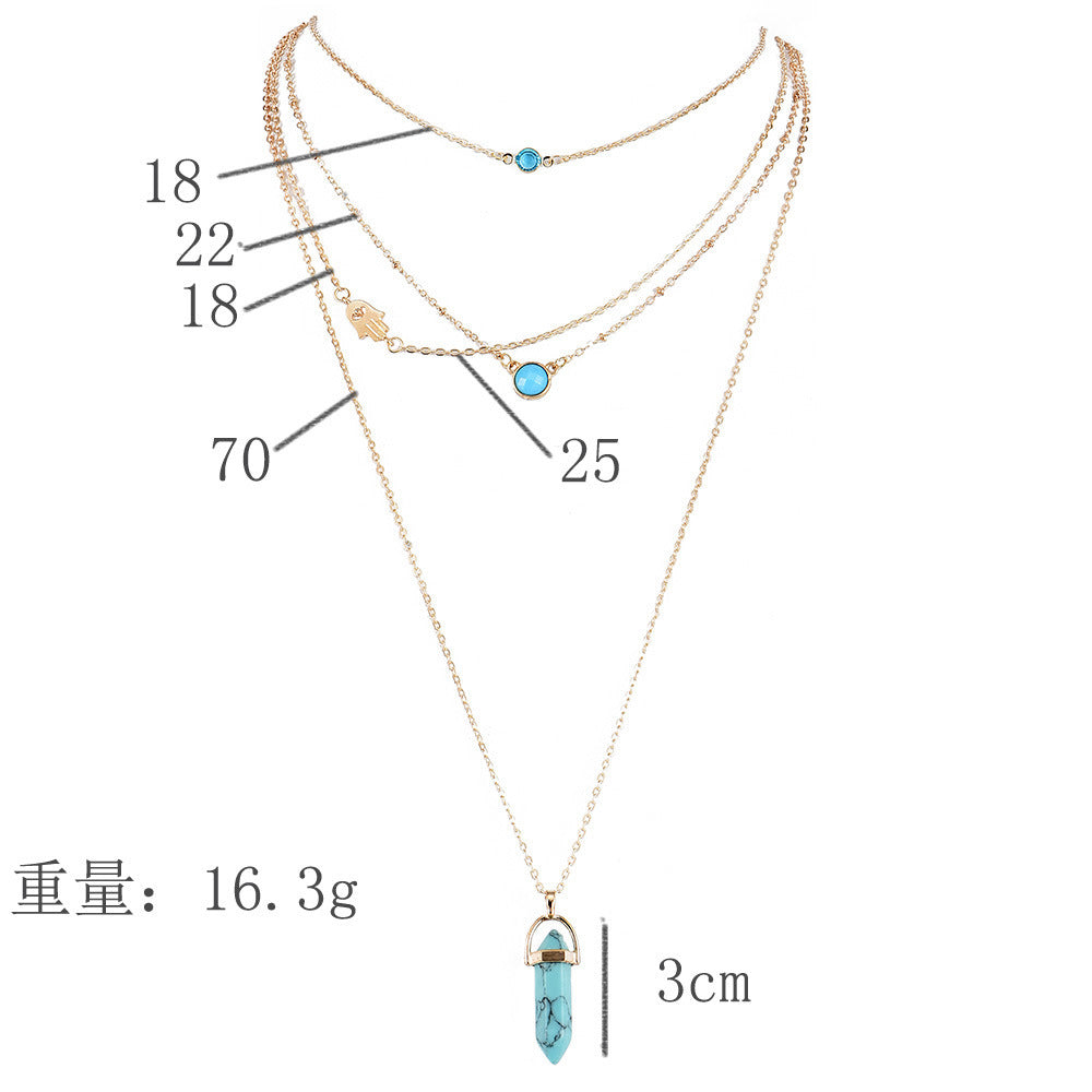 #LUNA-55 Elegant Multi-Layer Women's Eye Natural Turquoise Necklace with Crystal Pillar Pendant - Affordable Luxury Fashion Jewelry